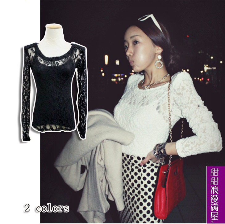 Free Shipping 2013 spring and autumn women's 897922 pads slim full lace long-sleeve shirt top vest