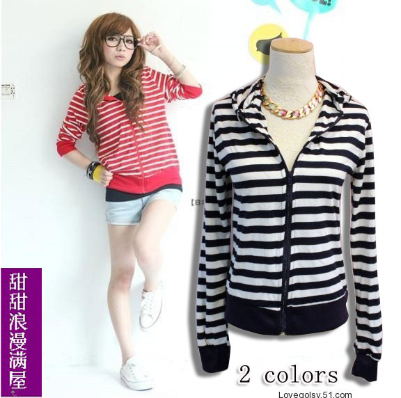 Free Shipping 2013 spring and autumn women's 90576 casual all-match stripe with a hood coat wholesale