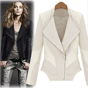 Free Shipping 2013 Spring   and  outerwear  zipper turn-down collar patchwork leather clothing motorcycle jacket long-sleeve