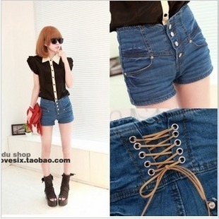 Free shipping 2013 spring and summer buckle backlace denim shorts,fashion sexy slim shorts for women