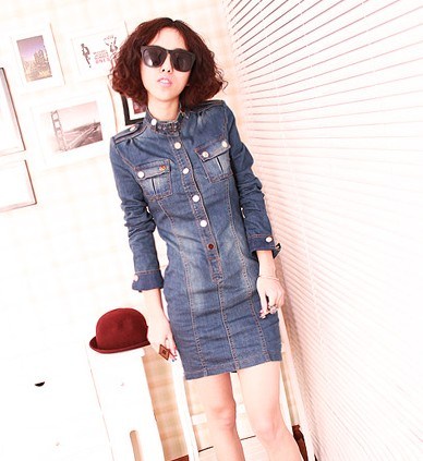 Free shipping 2013 spring and summer fashion solid color slim hip button denim one-piece dress leather belt miniskirt