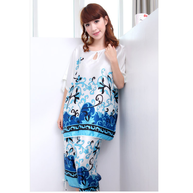 free shipping 2013 spring and summer faux silk sleep set female quinquagenarian women's sleepwear lounge