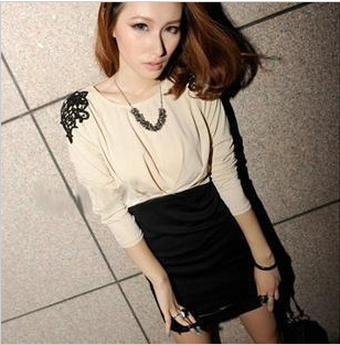 Free shipping 2013 spring and summer Ladies communicative dress wrinkles shoulders lace stitching dress package hip skirt