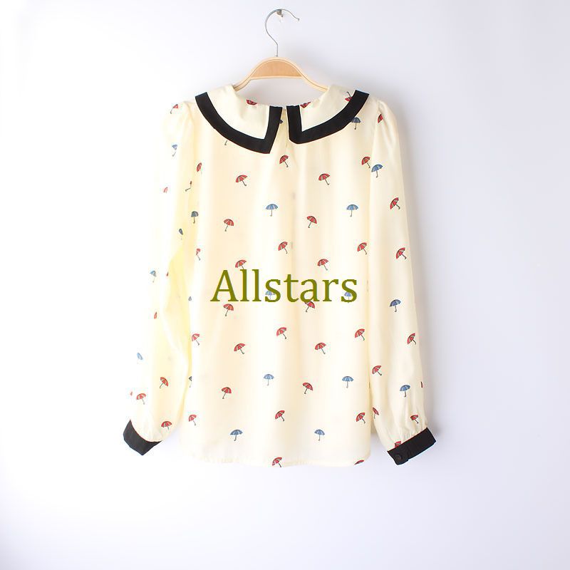 Free Shipping 2013 spring and summer large lapel fresh small cute umbrella pattern shirt sweet chiffon peter pan collar blouse