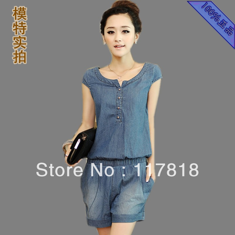 Free shipping 2013 spring and summer new arrival fashion denim one piece set short-sleeve preppy style casual clothing for women