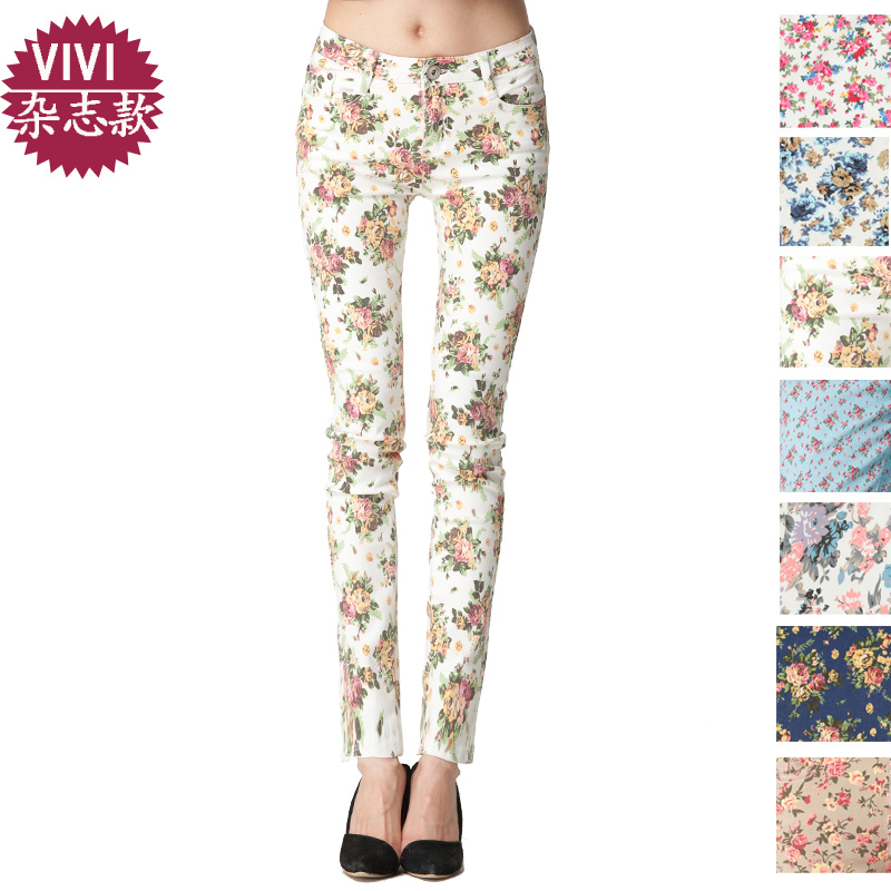 Free shipping 2013 spring and summer new arrival print denim female trousers elastic vintage pencil