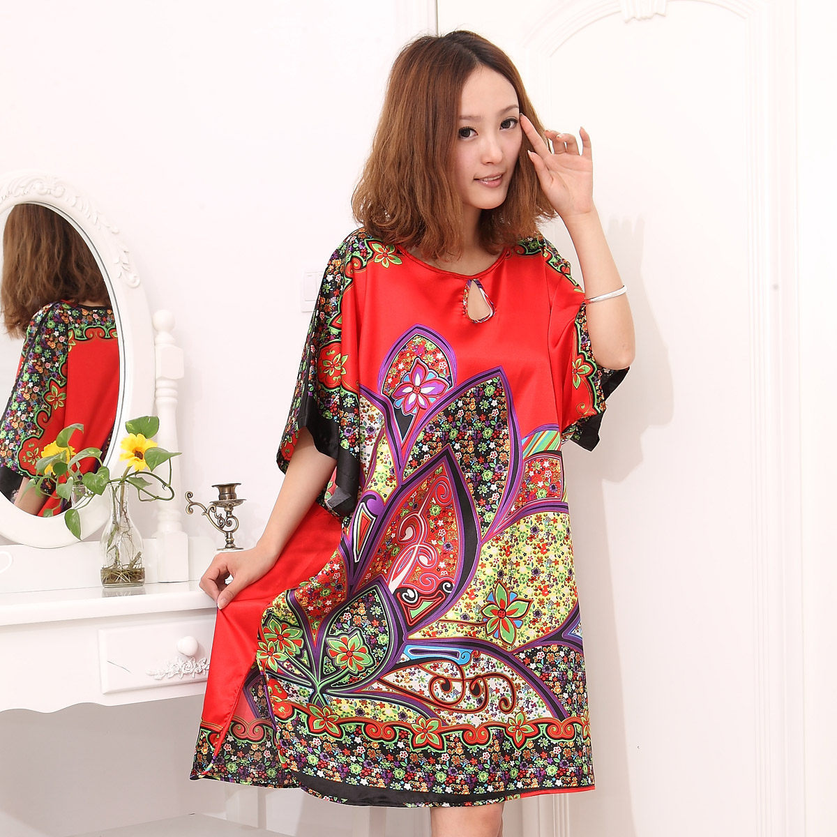 FREE SHIPPING 2013 spring and summer red short-sleeve sexy nightgown plus size fashioon silk sleepwear female lounge