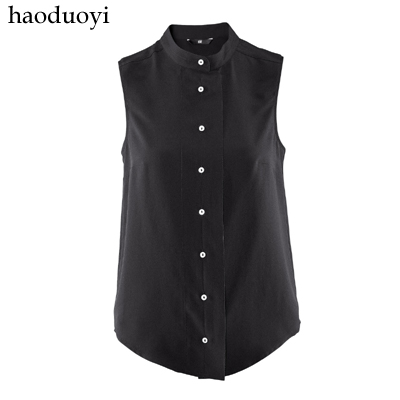 Free Shipping 2013 spring and summer sleeveless stand collar solid color chiffon shirt hm2 6 full