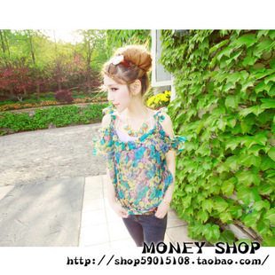 free shipping 2013 spring and summer sweet ruffle hem small strap strapless slim chiffon shirt t-shirt vest female