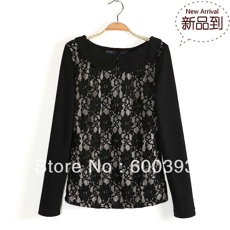 Free shipping 2013 spring  autumn and winter fashion slim long-sleeve  butterfly collar cotton lace basic shirt female t-shirt