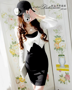 Free shipping 2013 spring/autumn two-color patchwork slim Elegant OL long-sleeve bow one-piece dress 1223F