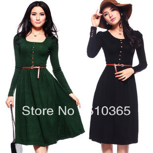 Free Shipping 2013 Spring/Autumn Vintage Solid Knitted Long-sleeve Pullover Plus Size With Belt Wonmen dress 2238XLJ