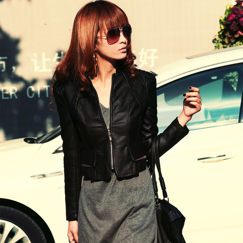 Free Shipping 2013 spring brief elegant leather clothing female short design slim PU leather jacket outerwear 01g3075