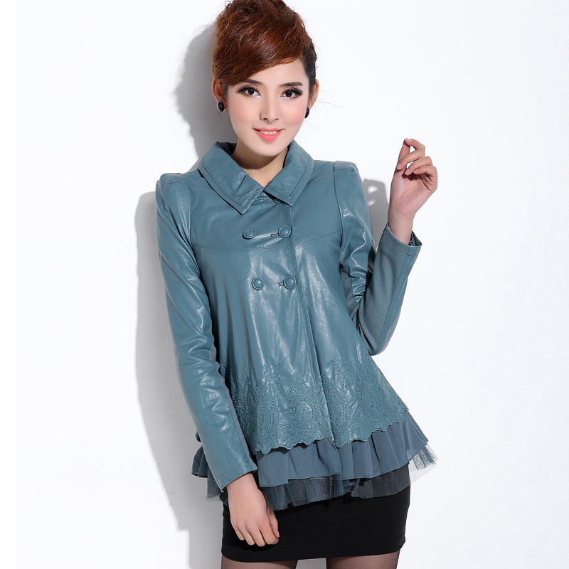 Free Shipping 2013 spring c23726 leather top cute shirt embroidered lace sweep outerwear  LDX