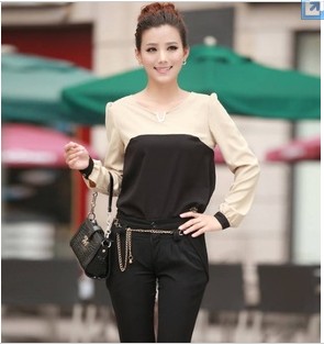 Free Shipping 2013 spring Elegant patchwork georgette long-sleeve thickening women shirt 3413FWG