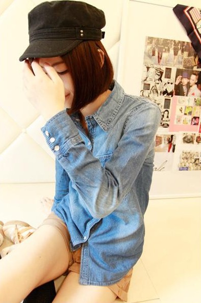 Free Shipping 2013 spring fashion gradient 13c all-match medium-long denim casual shirt women outerwear W0005