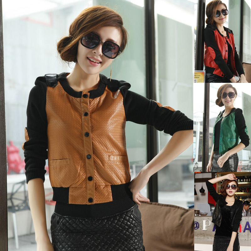 Free shipping 2013 spring fashion jacket leather women with patchwork long sleeves, 4 colors available, size M/L/XL