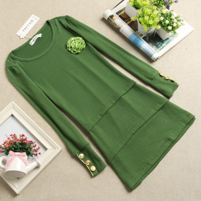 Free Shipping 2013 Spring Fashion Long-Sleeve Mini Dress Women O-Neck Ruffle Vintage Mini Dress Sexy Lady Mini Dresses , Green