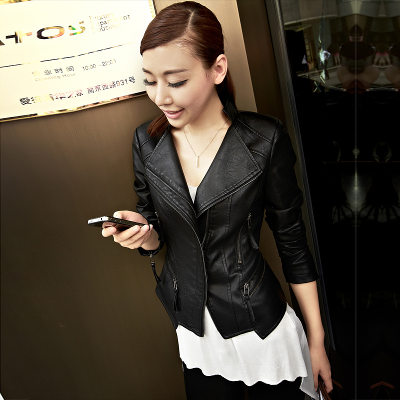 Free shipping 2013 spring fashion ol black PU clothing women's regular style slim jacket short jacket 21g3682