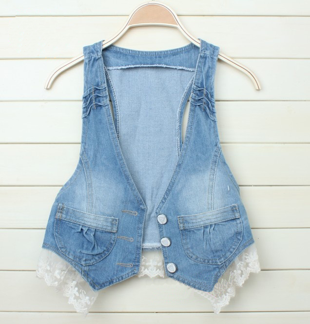 Free shipping 2013 spring fashion thin denim women's small lace hem vest