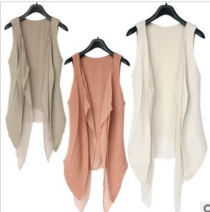 Free shipping 2013 spring fashion women cardigan knitted patchwork chiffon cape vest