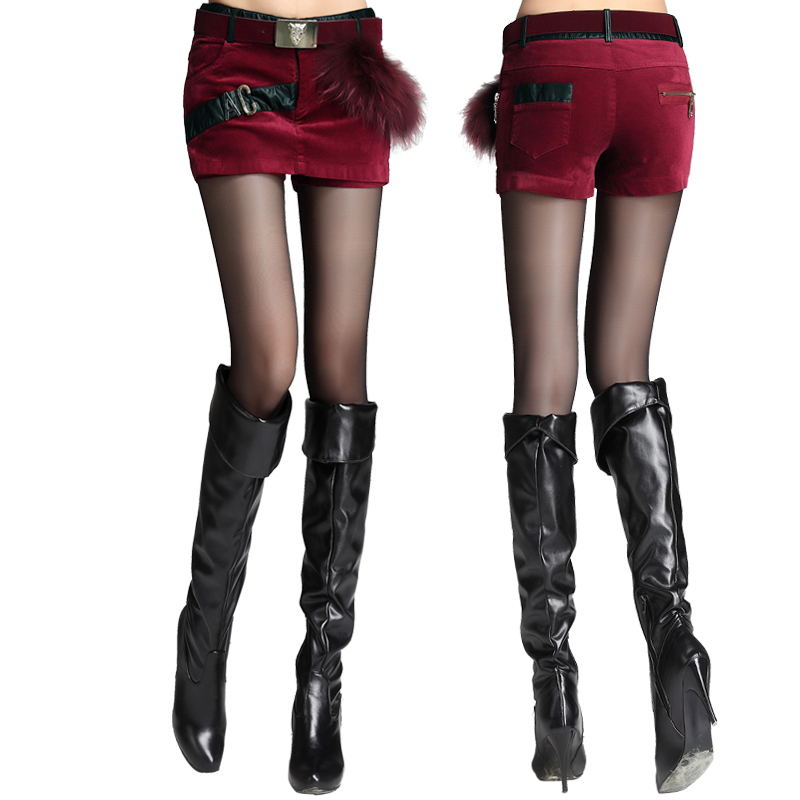 Free shipping 2013 spring female shorts muzi leather patchwork raccoon fur decoration fashion slim short culottes