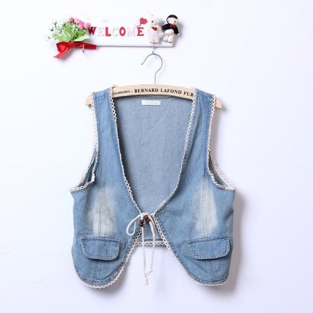 Free Shipping 2013 Spring  gentlewomen V-neck laciness sleeveless short design vest denim vest waistcoat  female