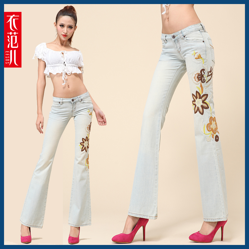 Free shipping 2013 spring high quality vintage national trend embroidery embroidered bell-bottom jeans female boot cut trousers