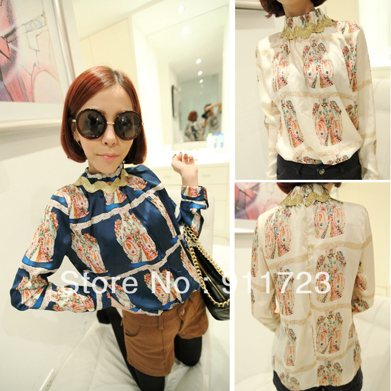 Free Shipping 2013 Spring Hot Sale Vintage Printed Owl Design Stand Collar Chiffon Blouse For Women/Ladies Trendy Chiffon Shirt