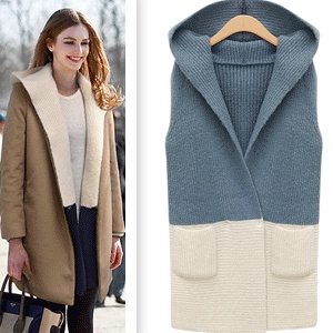 Free Shipping 2013 spring jooen casual all-match fashion color block decoration with a hood knitted vest LDX