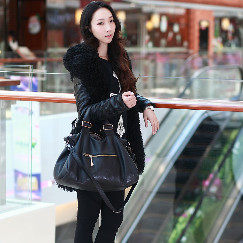 Free Shipping 2013 Spring Large fur collar slim leather clothing large lapel outerwear