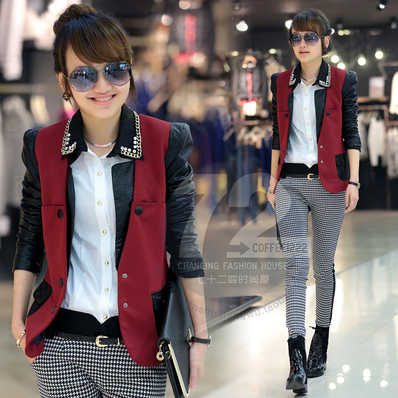 Free Shipping 2013 Spring Ld606   short jacket women's patchwork slim cardigan leather clothing