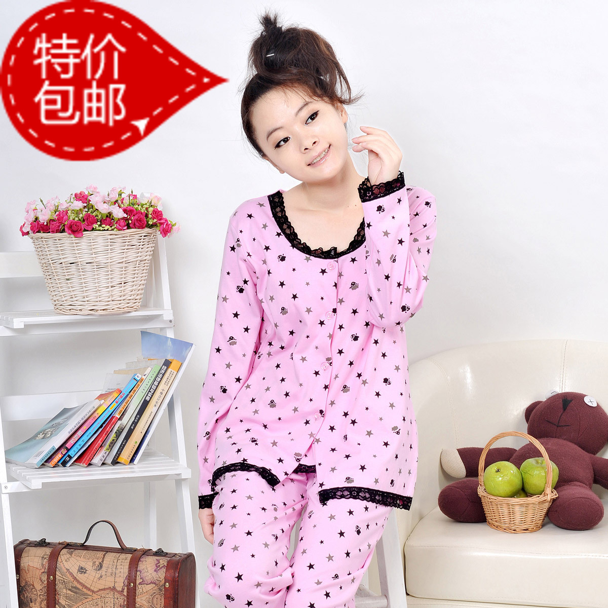 FREE SHIPPING 2013 spring long-sleeve 100% cotton sleep set buckle lounge piece set