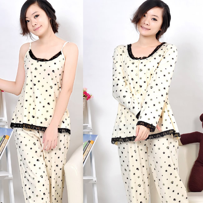 FREE SHIPPING 2013 spring long-sleeve print 100% cotton sleepwear spaghetti strap trousers three pieces set lounge