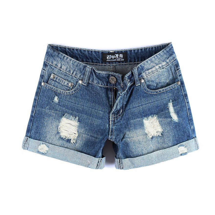 Free Shipping!  2013 spring loose roll-up hem hole denim shorts female women's shorts plus size