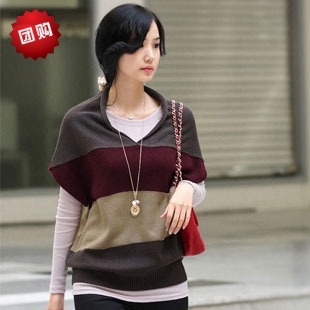 free shipping 2013 spring loose vest big stripe color block decoration wool pullover sweater waistcoat women's