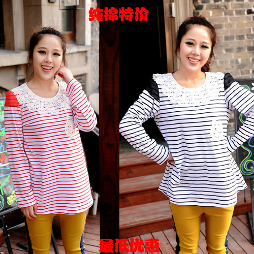 Free shipping 2013 spring maternity clothing maternity plus size stripe top 100% turn-down collar cotton lace maternity t-shirt