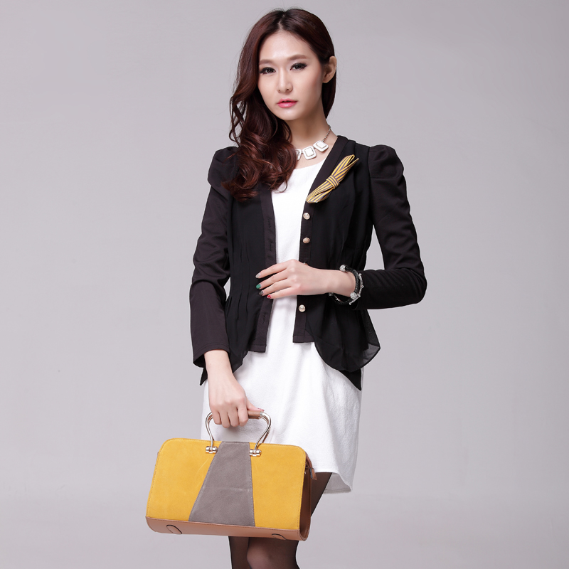 Free shipping 2013 spring new arrival all-match puff sleeve V-neck single breasted chiffon blazer short jacket female