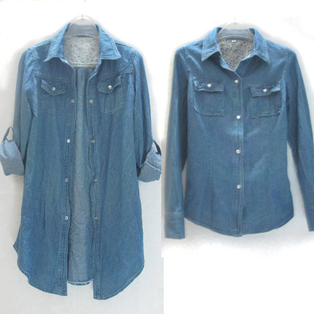 free shipping 2013 spring new arrival all-match punctuated slim long-sleeve short design long design denim shirt female