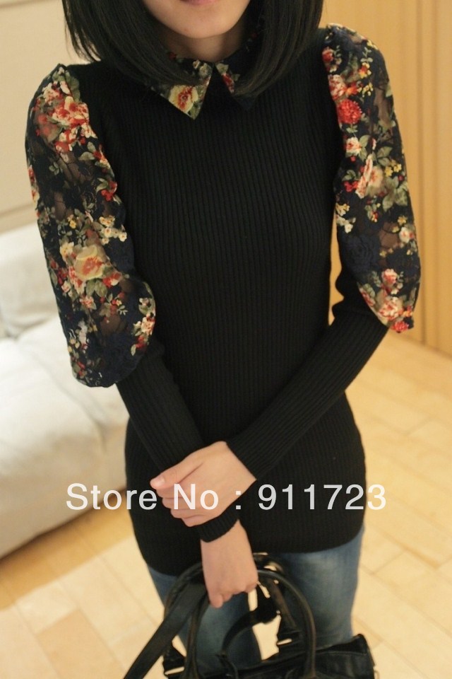 Free Shipping 2013 Spring New Arrival Chiffon Turn-Down Collar Slim Fit Knitting Pullover For Women/Ladies Designer Pullover