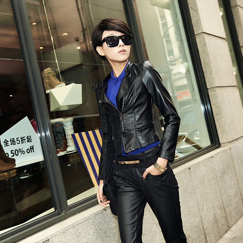 Free Shipping 2013 spring new arrival leather clothing female short design black PU jacket wholesale and retail