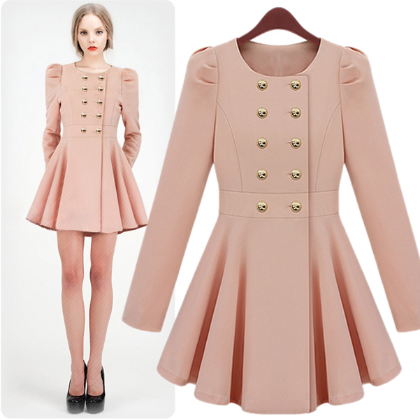 Free Shipping 2013 Spring  new arrival small fresh sweet puff sleeve expansion skirt slim waist trench one-piece dress