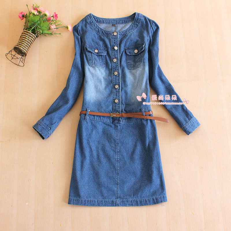 Free shipping 2013 spring new arrival women's loose denim skirt long-sleeve roll up hem sleeve solid color denim one-piece dress