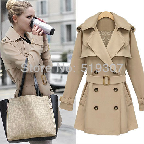 Free shipping 2013 Spring New Classical Fashion Loose Lapel Double Breasted Sashes Slim Deep V-neck Women Trench  Coat Wholesale