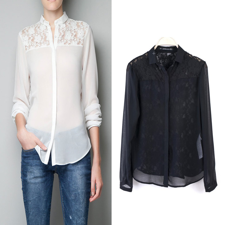 Free Shipping 2013 Spring New European Style Stand-up Collar Long-sleeved Chiffon Lace Stitching Shirts