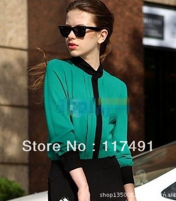 free shipping 2013 spring new fashion classic hit-color long-sleeved shirt mixed colors chiffon shirt ft262