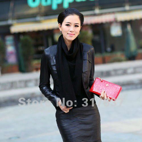 Free Shipping 2013 Spring New Fashion Woman Genuine Sheep Leather Slim Fit Jacket Outwear Coat With Detachable Neckcloth#11110