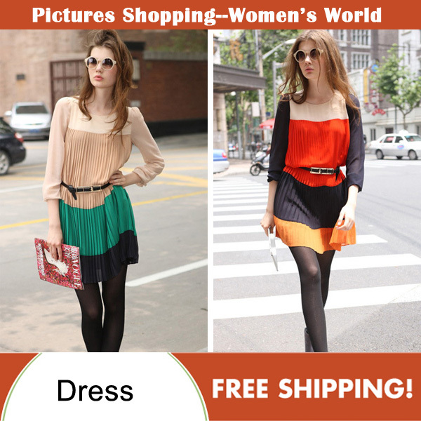 Free shipping!2013 spring new Fashion women's clothing long sleeve color block vintage O neck pleated ladies dresses PS0039