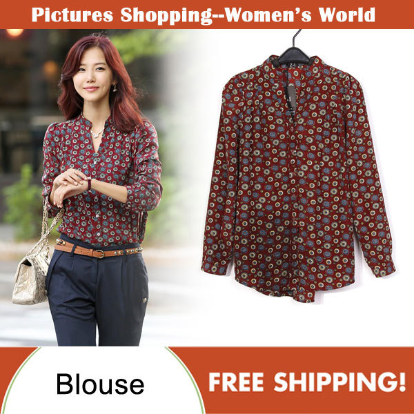 Free shipping!2013 spring new fashion women's clothing long sleeve shirts stand collar dot print chiffon ladies blouses  PS0065