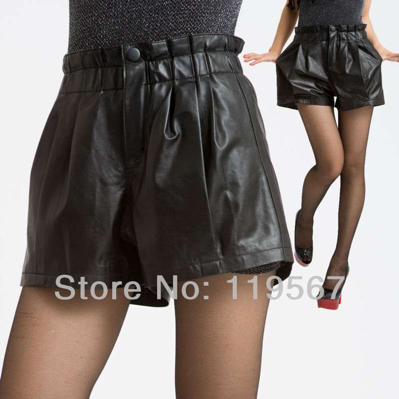 Free Shipping! 2013 Spring New  Fashion Womens Black Color High Waisted Leather Loose Shorts  Guaranteed 100% Genuine Sheepskin